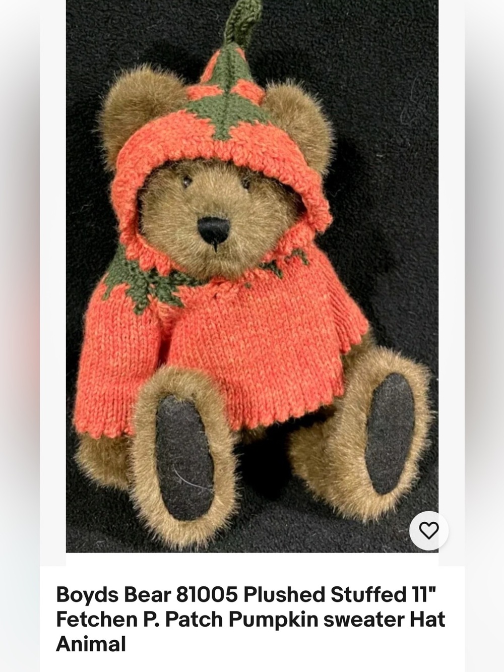 Boyds Bears Plush Bear in Orange Pumpkin Hoodie with Green Accents